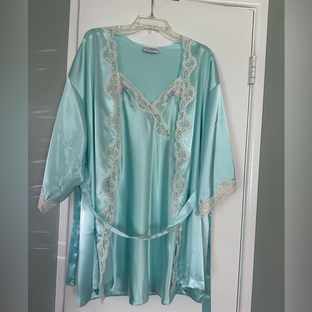 Vintage 90s Val Mode Pale Aqua Satin Robe + Slip Dress Set, Size Small